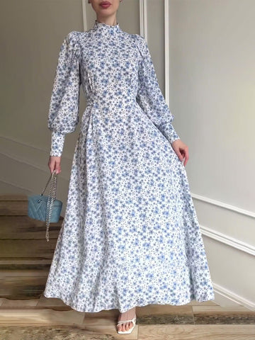 Woochic robe à manches longues col mi-haut imprimée florale à lacets blanc S